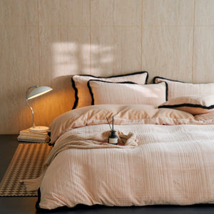 VILZSTUDIOS cream and blush-beige bow embroidered plaid duvet cover set with fluffy faux-fur trim