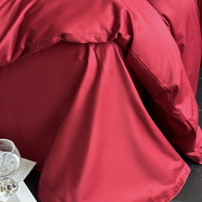 VILZSTUDIOS deep red or blush pink satin duvet cover set with embroidered bows and ivory ruffled pillowcases