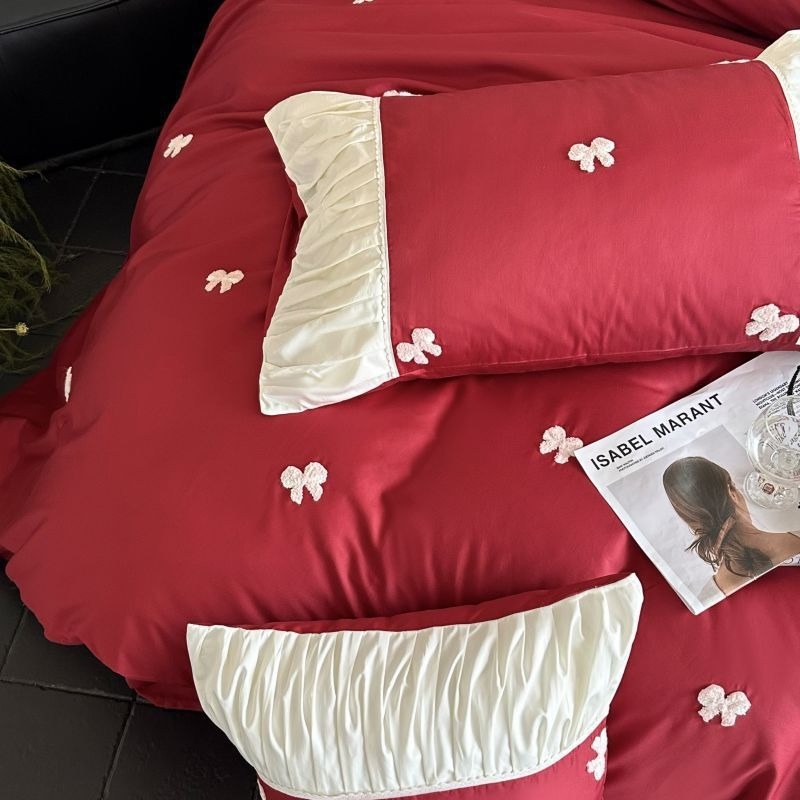 VILZSTUDIOS deep red or blush pink satin duvet cover set with embroidered bows and ivory ruffled pillowcases