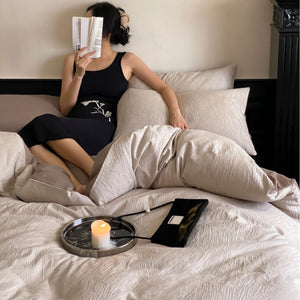 VILZSTUDIOS neutral beige and charcoal brushstroke-textured jacquard bedding set