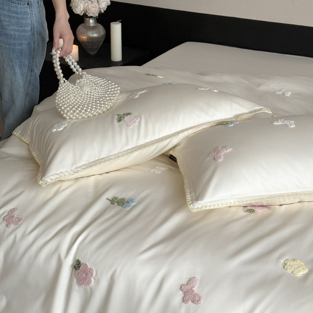 VILZSTUDIOS cream, blush pink or pale sage green satin duvet cover set with pastel butterfly and flower embroidery