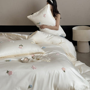 VILZSTUDIOS cream, blush pink or pale sage green satin duvet cover set with pastel butterfly and flower embroidery