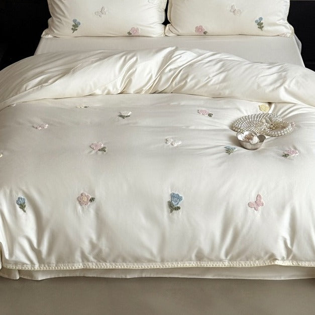 VILZSTUDIOS cream, blush pink or pale sage green satin duvet cover set with pastel butterfly and flower embroidery