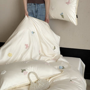 VILZSTUDIOS cream, blush pink or pale sage green satin duvet cover set with pastel butterfly and flower embroidery