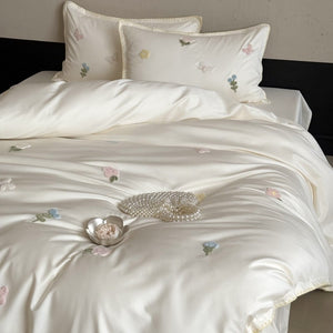 VILZSTUDIOS cream, blush pink or pale sage green satin duvet cover set with pastel butterfly and flower embroidery