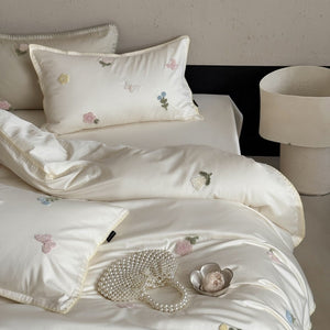 VILZSTUDIOS cream, blush pink or pale sage green satin duvet cover set with pastel butterfly and flower embroidery