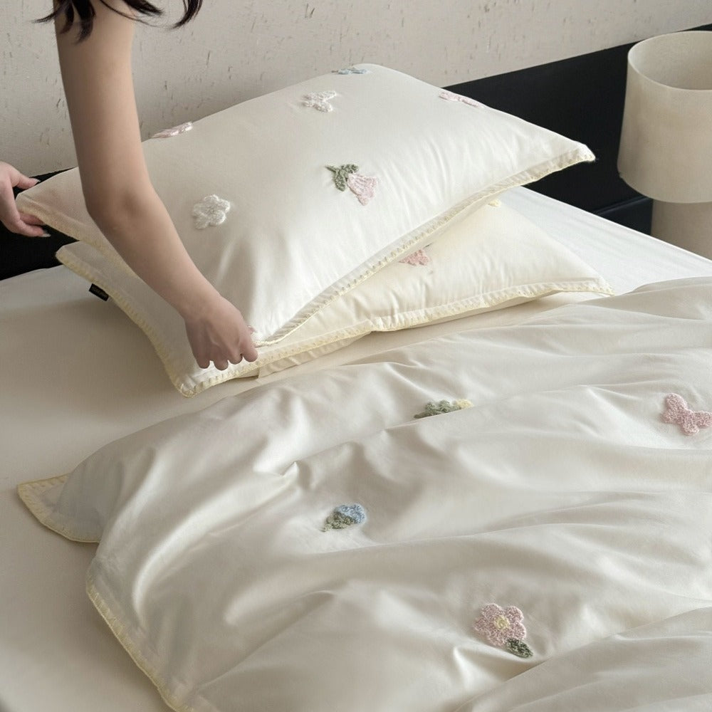 VILZSTUDIOS cream, blush pink or pale sage green satin duvet cover set with pastel butterfly and flower embroidery