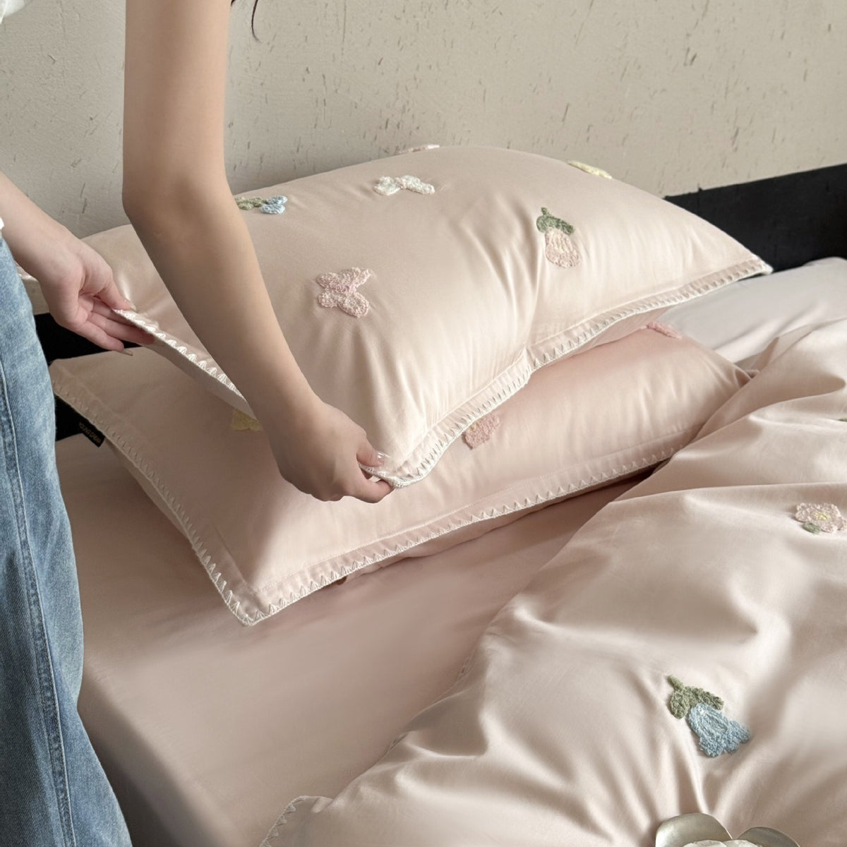 VILZSTUDIOS cream, blush pink or pale sage green satin duvet cover set with pastel butterfly and flower embroidery