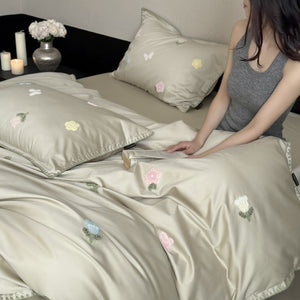 VILZSTUDIOS cream, blush pink or pale sage green satin duvet cover set with pastel butterfly and flower embroidery