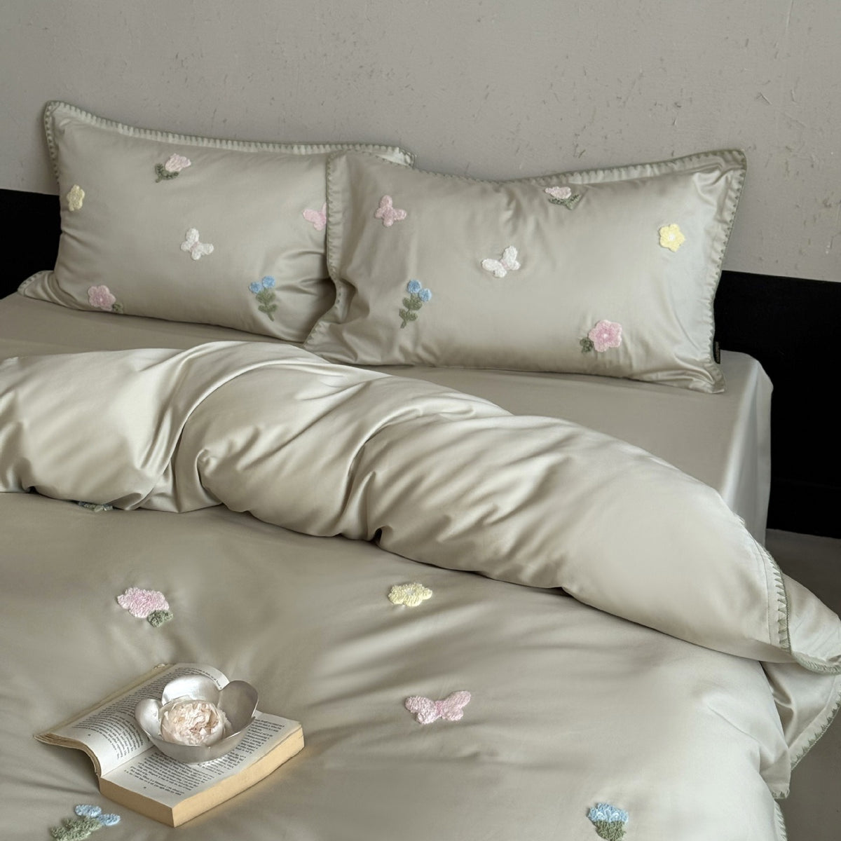 VILZSTUDIOS cream, blush pink or pale sage green satin duvet cover set with pastel butterfly and flower embroidery