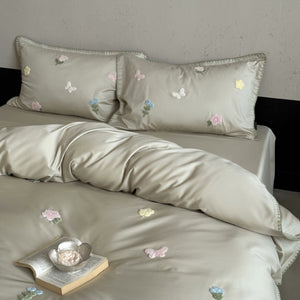 VILZSTUDIOS cream, blush pink or pale sage green satin duvet cover set with pastel butterfly and flower embroidery