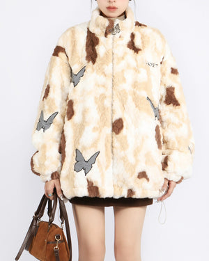 VILZSTUDIOS Oversized jacket with butterfly patches and faux fur
