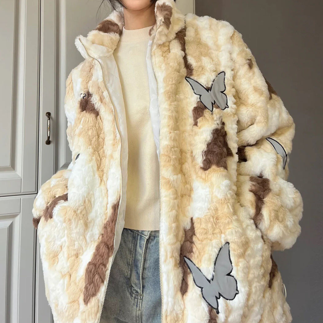 VILZSTUDIOS Oversized jacket with butterfly patches and faux fur