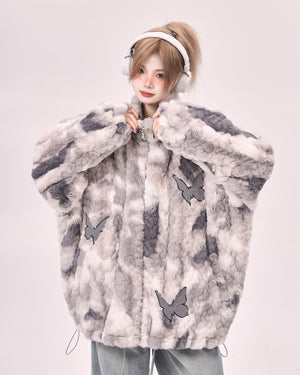 VILZSTUDIOS Oversized jacket with butterfly patches and faux fur
