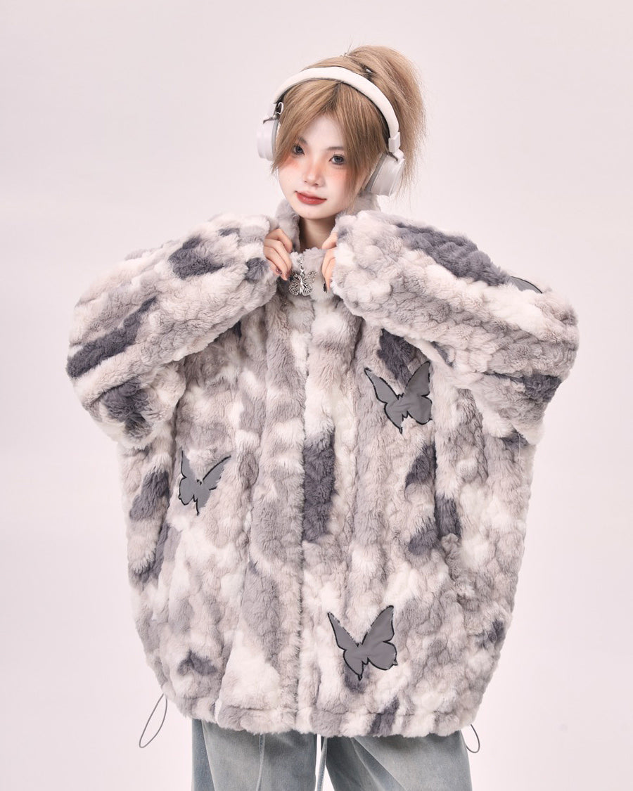 VILZSTUDIOS Oversized jacket with butterfly patches and faux fur