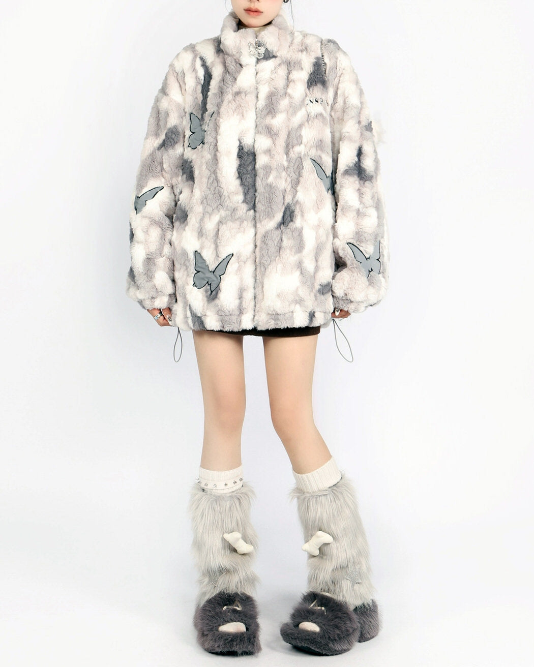 VILZSTUDIOS Oversized jacket with butterfly patches and faux fur