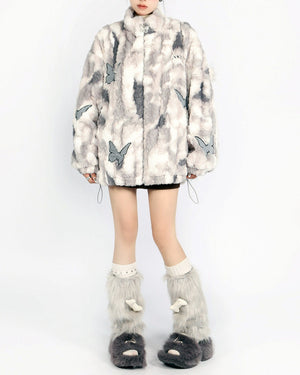 VILZSTUDIOS Oversized jacket with butterfly patches and faux fur