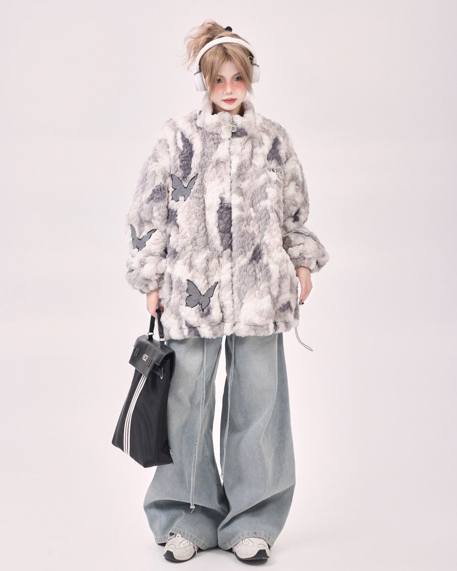 VILZSTUDIOS Oversized jacket with butterfly patches and faux fur