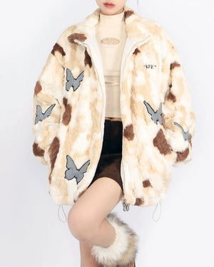 VILZSTUDIOS Oversized jacket with butterfly patches and faux fur