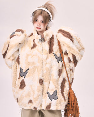 VILZSTUDIOS Oversized jacket with butterfly patches and faux fur