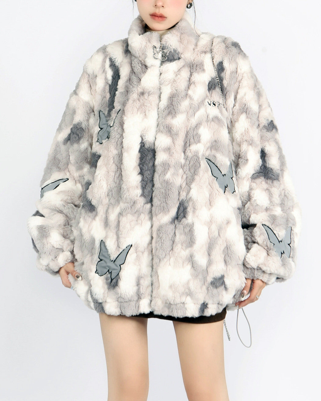 VILZSTUDIOS Oversized jacket with butterfly patches and faux fur