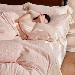 VILZSTUDIOS dusty pink or warm beige embossed fleece duvet cover set with cream butterfly lace trim
