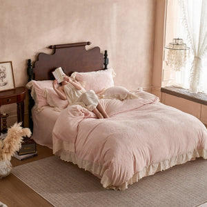 VILZSTUDIOS dusty pink or warm beige embossed fleece duvet cover set with cream butterfly lace trim