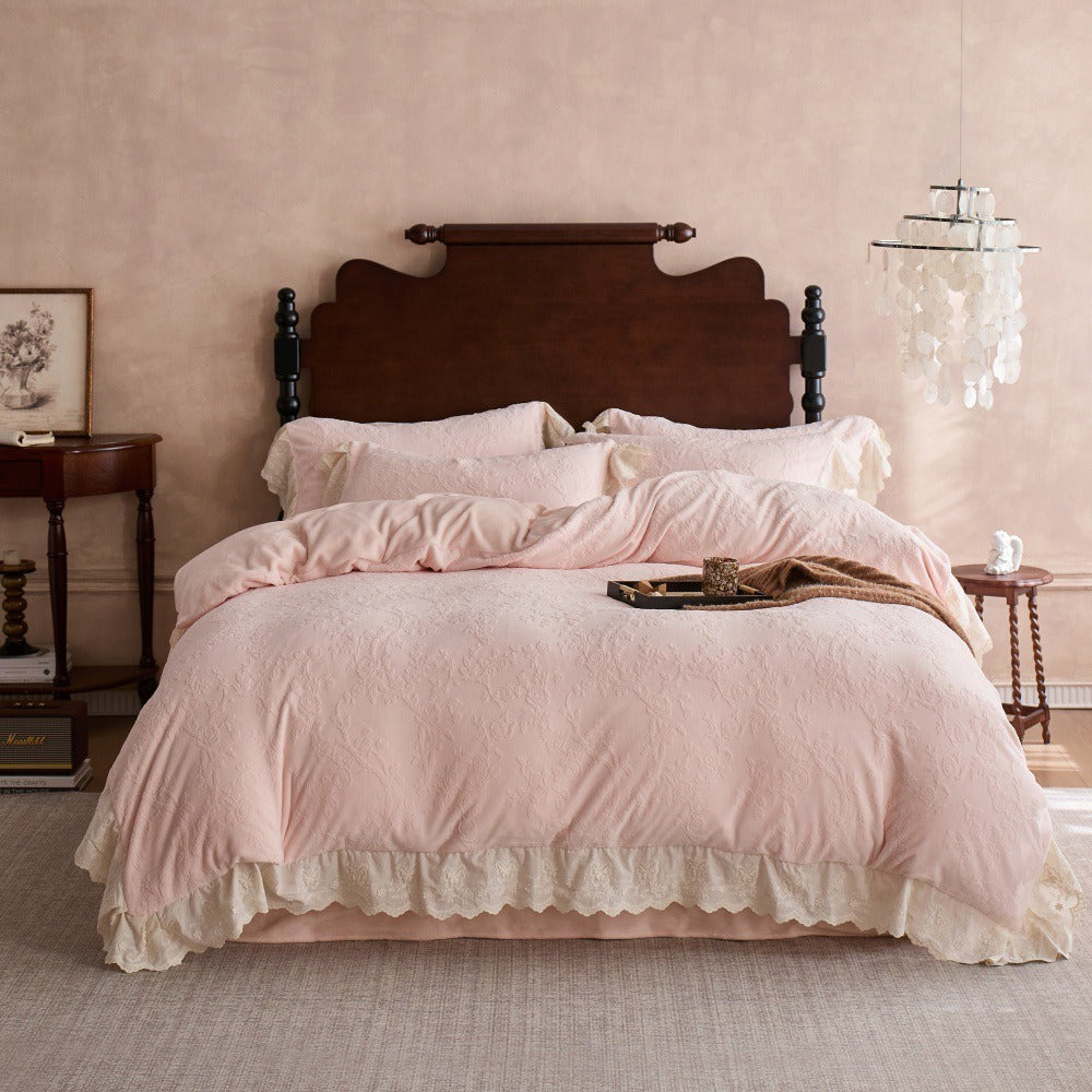 VILZSTUDIOS dusty pink or warm beige embossed fleece duvet cover set with cream butterfly lace trim