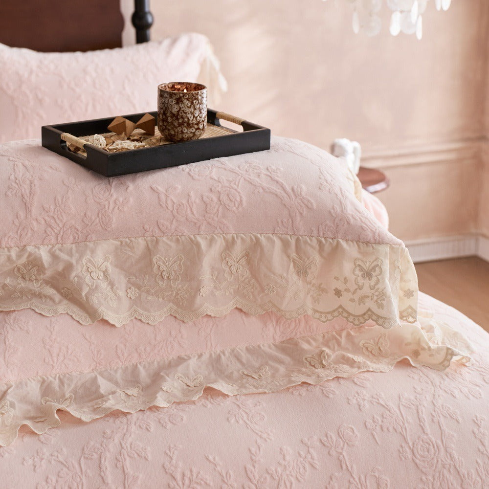 VILZSTUDIOS dusty pink or warm beige embossed fleece duvet cover set with cream butterfly lace trim