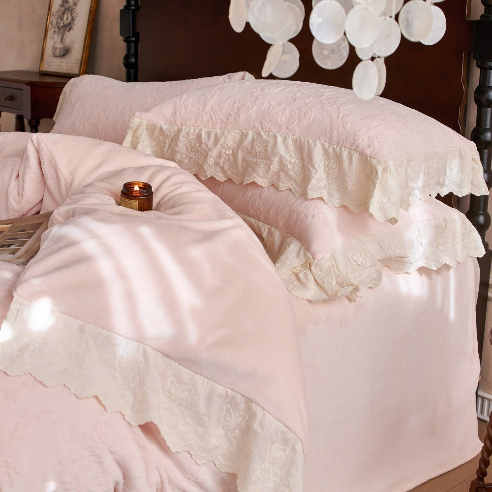 VILZSTUDIOS dusty pink or warm beige embossed fleece duvet cover set with cream butterfly lace trim