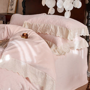 VILZSTUDIOS dusty pink or warm beige embossed fleece duvet cover set with cream butterfly lace trim