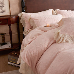 VILZSTUDIOS dusty pink or warm beige embossed fleece duvet cover set with cream butterfly lace trim
