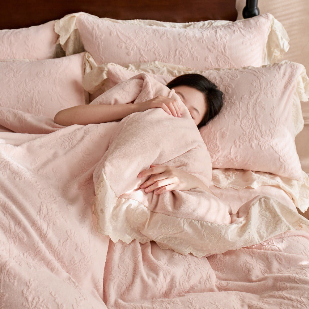 VILZSTUDIOS dusty pink or warm beige embossed fleece duvet cover set with cream butterfly lace trim