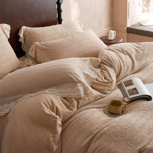 VILZSTUDIOS dusty pink or warm beige embossed fleece duvet cover set with cream butterfly lace trim