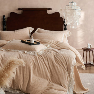 VILZSTUDIOS dusty pink or warm beige embossed fleece duvet cover set with cream butterfly lace trim