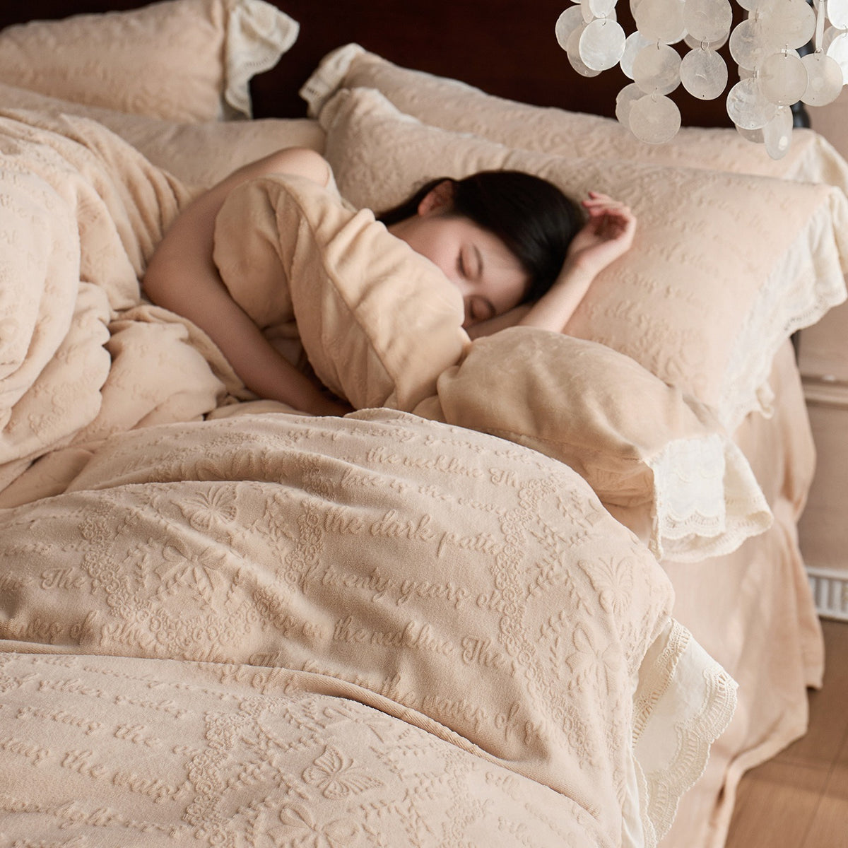 VILZSTUDIOS dusty pink or warm beige embossed fleece duvet cover set with cream butterfly lace trim