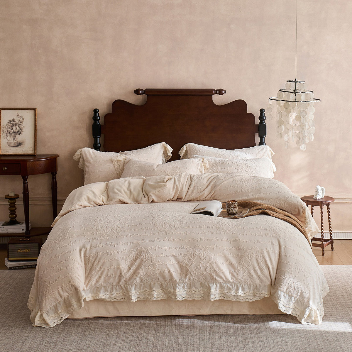 VILZSTUDIOS dusty pink or warm beige embossed fleece duvet cover set with cream butterfly lace trim