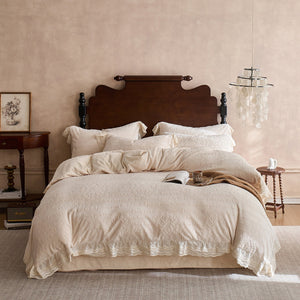 VILZSTUDIOS dusty pink or warm beige embossed fleece duvet cover set with cream butterfly lace trim