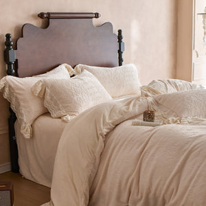 VILZSTUDIOS dusty pink or warm beige embossed fleece duvet cover set with cream butterfly lace trim