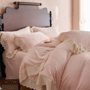 VILZSTUDIOS dusty pink or warm beige embossed fleece duvet cover set with cream butterfly lace trim