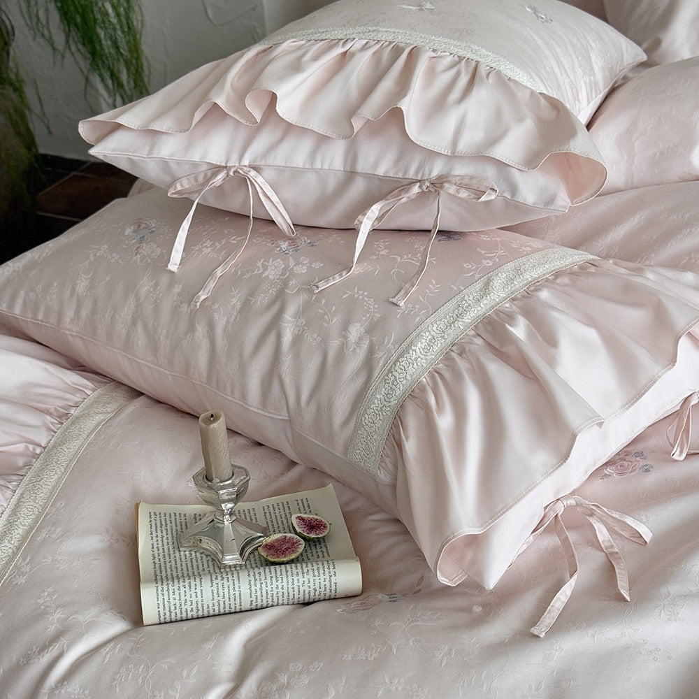 VILZSTUDIOS blush pink butterfly and floral embroidered bedding set with lace borders and gathered ruffles