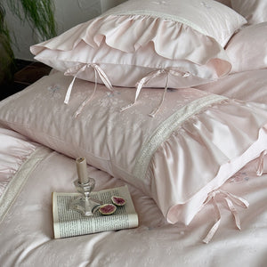 VILZSTUDIOS blush pink butterfly and floral embroidered bedding set with lace borders and gathered ruffles