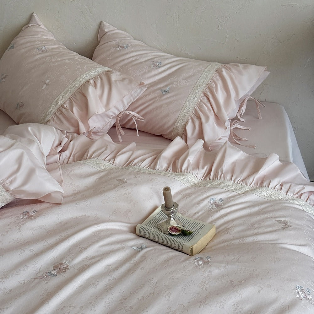 VILZSTUDIOS blush pink butterfly and floral embroidered bedding set with lace borders and gathered ruffles