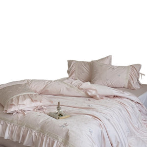 VILZSTUDIOS blush pink butterfly and floral embroidered bedding set with lace borders and gathered ruffles