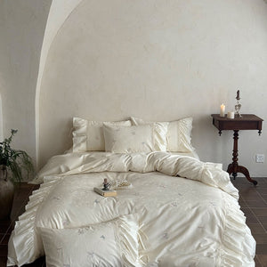 VILZSTUDIOS blush pink butterfly and floral embroidered bedding set with lace borders and gathered ruffles