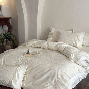 VILZSTUDIOS blush pink butterfly and floral embroidered bedding set with lace borders and gathered ruffles