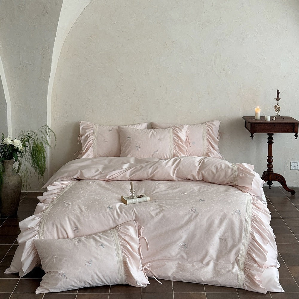 VILZSTUDIOS blush pink butterfly and floral embroidered bedding set with lace borders and gathered ruffles