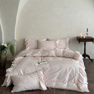 VILZSTUDIOS blush pink butterfly and floral embroidered bedding set with lace borders and gathered ruffles