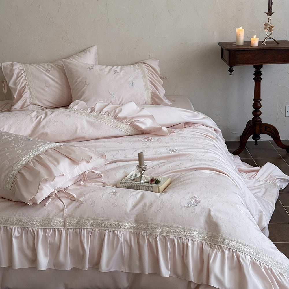 VILZSTUDIOS blush pink butterfly and floral embroidered bedding set with lace borders and gathered ruffles