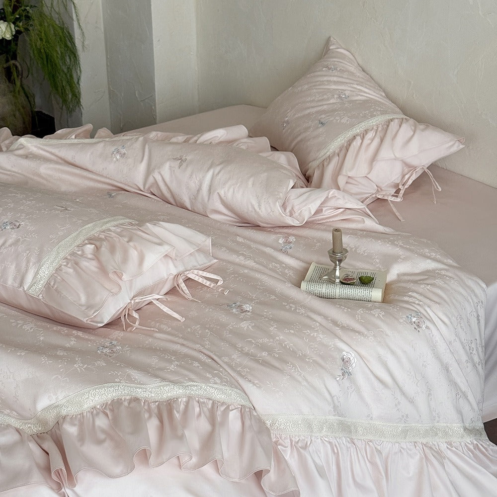 VILZSTUDIOS blush pink butterfly and floral embroidered bedding set with lace borders and gathered ruffles